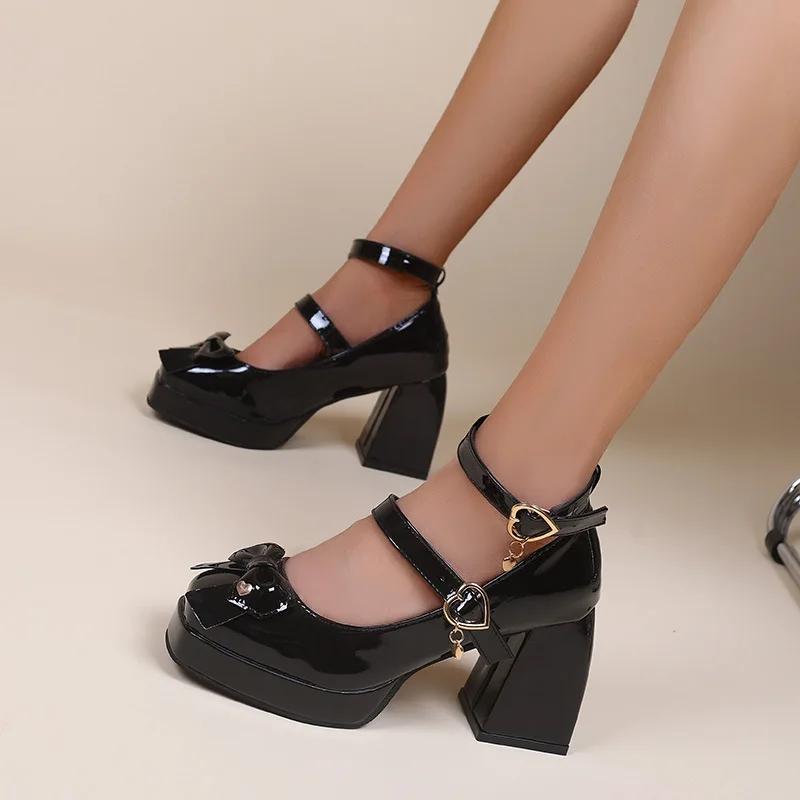 Fashion Women Pumps Mary Jane Lolita Shoes Gothic Chunky High Heel Platform Female Shoes Cosplay Black Punk Heart Buckle Heels Women