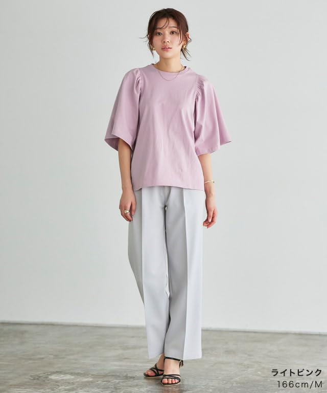 Pierrot Women's Medium Mocha Gray T-Shirt, Gathered Sleeve, Flared Sleeves, 100% Cotton, Washable, Solid Color, Short Sleeve