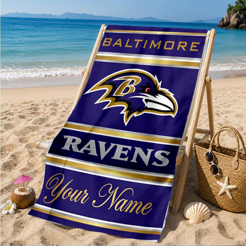 Custom Name Football Ravens Logo Personalized Microfiber Beach Towel, Quick-Dry, Ideal for Summer Travel, Beach Essential, Swimming