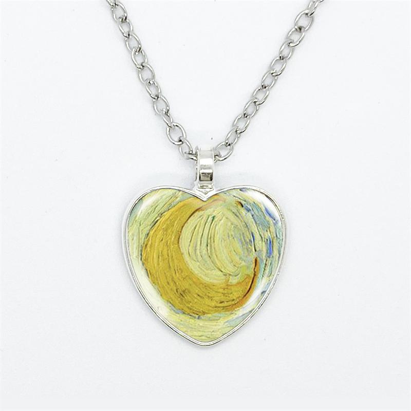 Fashion Van Gogh Art Starry Night Sunflower Necklace Glass Cabochon Painting Heart Pendant Printed Photo Necklaces