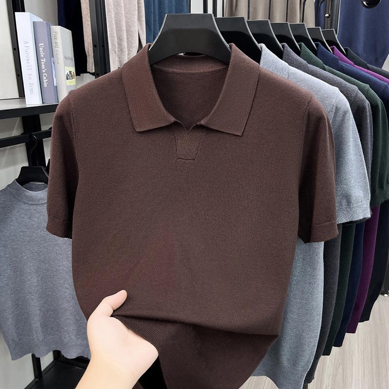 Men S Short Sleeve Turn Down Collar Knit Sweater Thin Casual Top