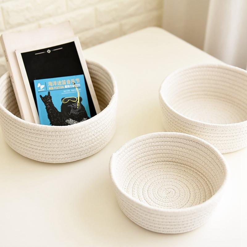 Hand-woven Storage Basket Knitting Cotton Round Storage Plate for Bedside Tabletop Snacks Sundries Key Cosmetics Organizer Box