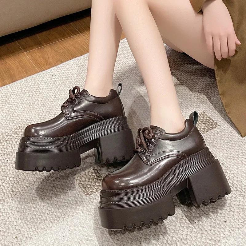 Fashion 10cm New 2025 Spring Women's Leather Sneakers High Platform Lace-up Casual Shoes Thick Sole Heels Walking Shoes Zapatos Mujer