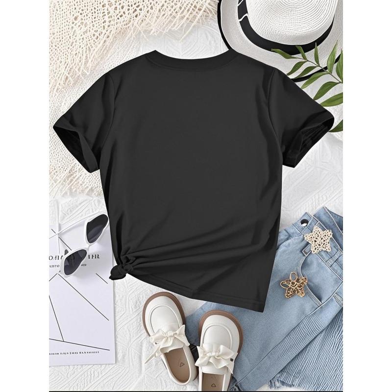 European Sizes Girls' Stylish Casual Print T-Shirt, Round Neck, Short Sleeves, with a Slight Stretch In The Fabric, Minimalist Style