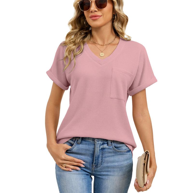 2026 Summer New Loose Women's V-Neck Waffle Pocket Short Sleeve Casual T-Shirt