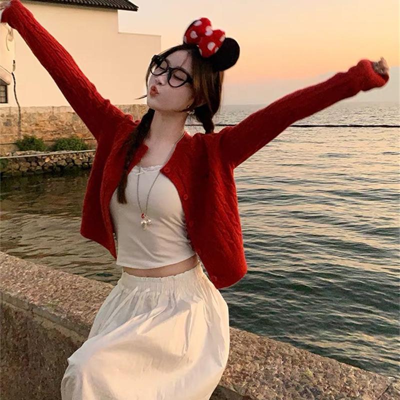 Cardigans Pulls style preppy printemps automne fin court Cardigan Femmes Col O Uni Boutonnage simple cardigan gris Pulls Femmes