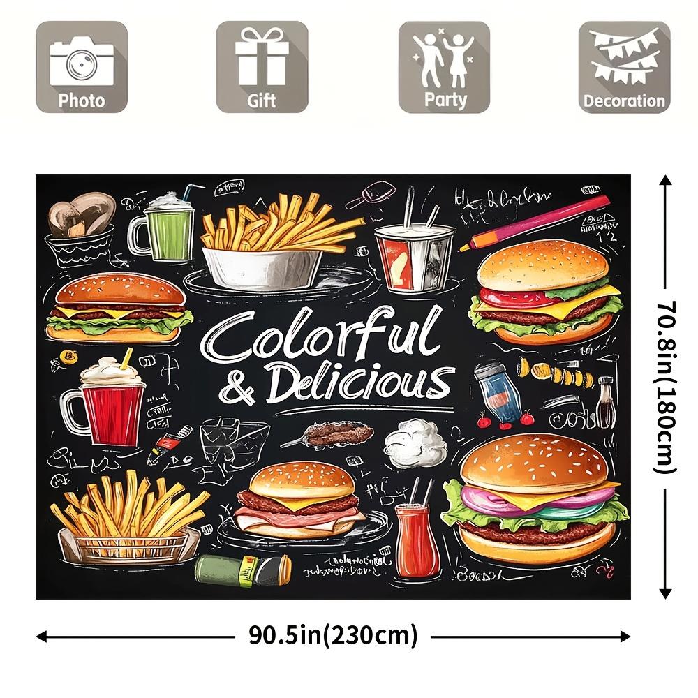 1 brightly painted burger and fries scene backdrop - machine washable perfect for holiday portraits and decorations