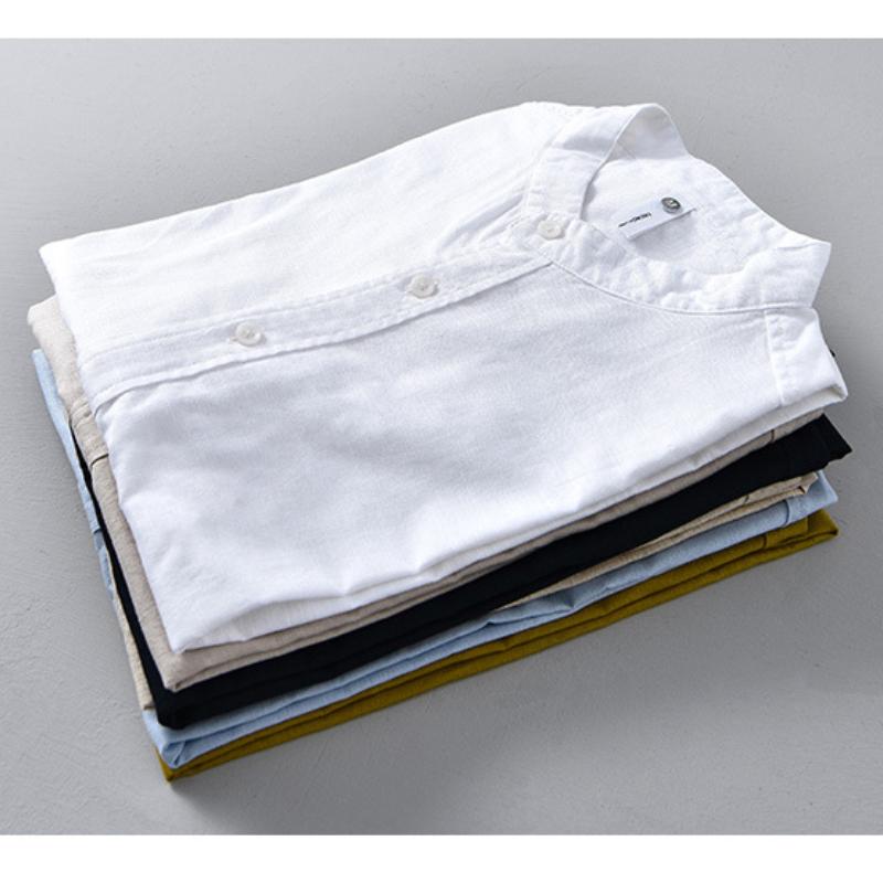 Solid Color Stand Collar Short Sleeve Shirts for Men Daily Summer Tops Casual Soft and Comfortable Cotton Linen Shirt Simple Style Men Clothing