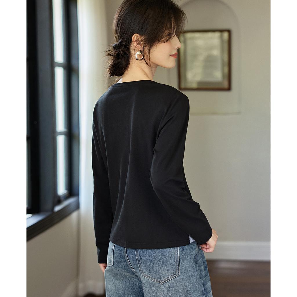 All-match Intellectual Zipper-style Fake Two-piece Contrasting Long-sleeved T-shirt Autumn Two-piece Long-sleeved T-shirt