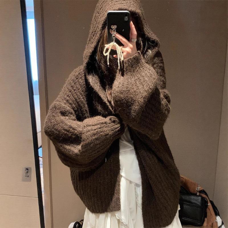 Hooded sweater jacket women's autumn and winter loose lazy wind soft waxy medium and long knitted cardigan top women
