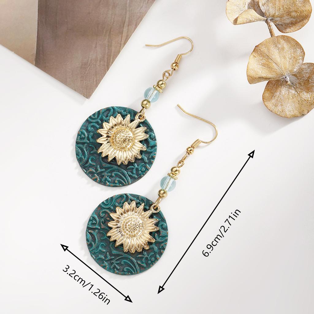 European, American Bohemian Two-color Double-layer Sunflower Exquisite Pattern Earrings Retro Earrings