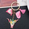 Pink Western Cowboy Hat Keychain with Cartoon Flower Bull Head Ornament for Backpack.