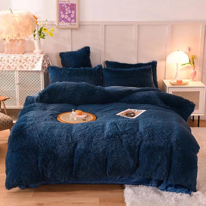 3/4PCS Winter Warm Plush Duvet Cover Pink Mink Velve+fluffy Flannel Quilt Cover Queen King Size Luxury Double Bed Bedding Set