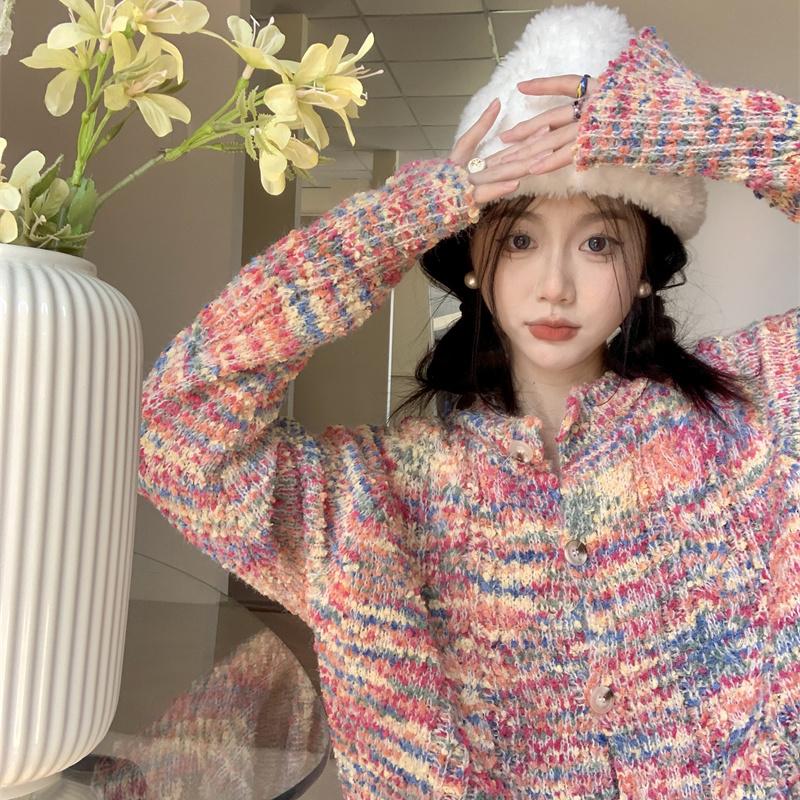 

Женский кардиган в японском стиле ретро, ленивый радужный вязаный жакет, весенний и раннеосенний вязаный свитер-топ XL