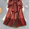 Fashion Bohe Women Mesh Party Long Dress V Neck Long Sleeves Gradient Lace Up A Line Sundress Pleated Maxi Dress