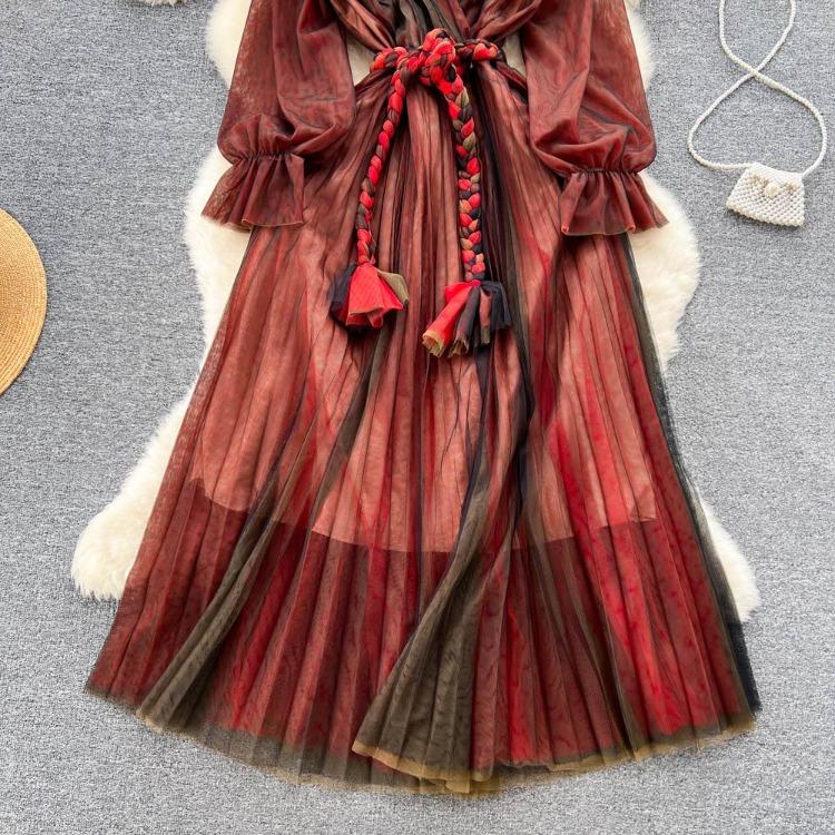 Fashion Bohe Women Mesh Party Long Dress V Neck Long Sleeves Gradient Lace Up A Line Sundress Pleated Maxi Dress