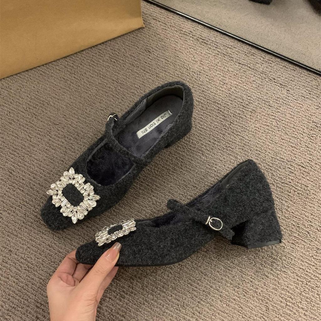 French velvet gray Mary Jane fluffy shoes women's shoes 2025 autumn and winter temperament high heel square head rhinestone shoes