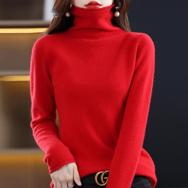 Women's 100% Wool Rolled Edge Turtleneck Sweater - Loose Fit Pullover Knit Base Layer