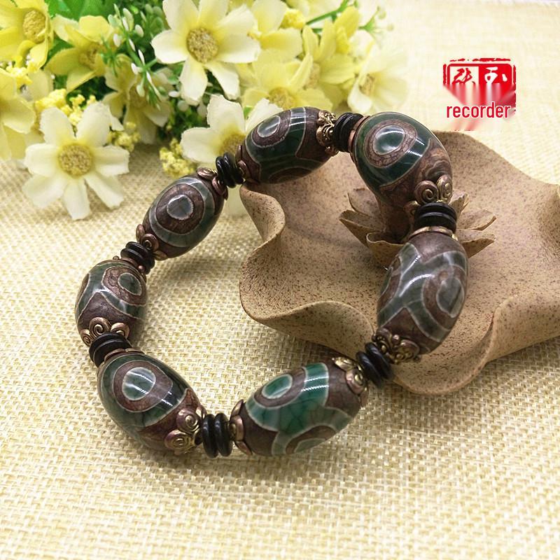 Tibetan Ethnic Three-Eyed Dzi Bead Agate Bracelet - Unisex and Versatile Zhang Jade