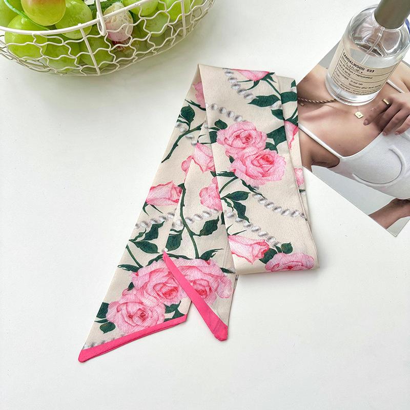 2025 Korean Fashion Flowers Pattern Women Twill Decorative Ribbon Small Scarf Binding Bag Handle Ribbon Hair Band Small Scarf