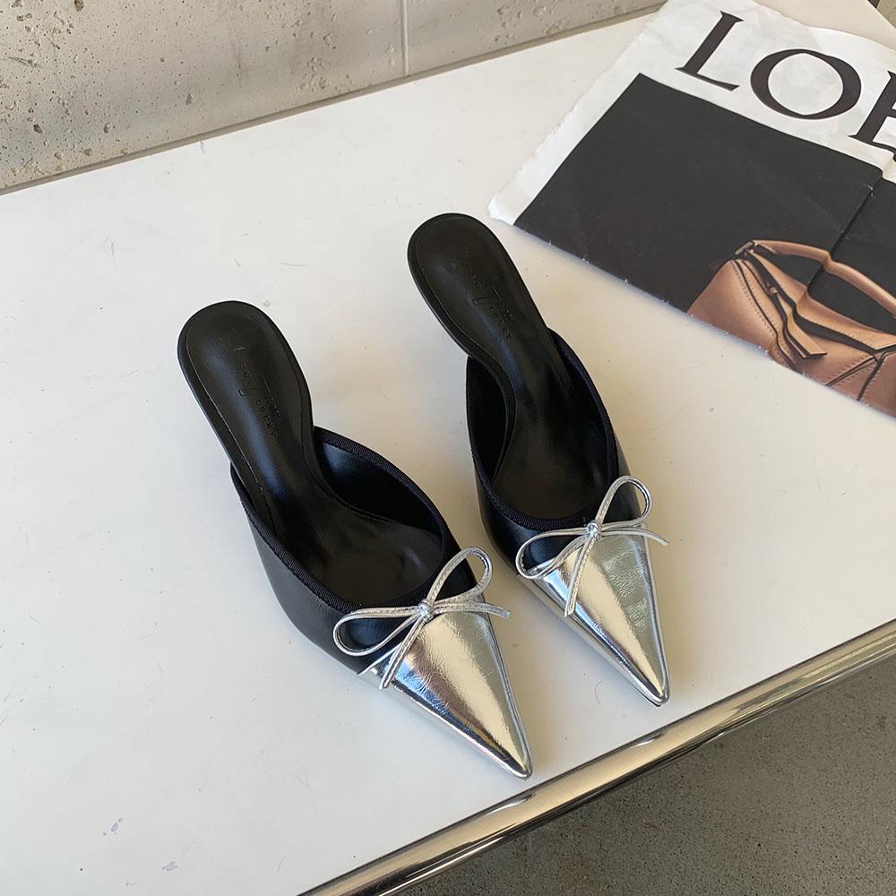 

модные женские шлепанцы с острым носком, разноцветные, с бантом, на тонком высоком каблуке, бежевые, серебристые, черные, летние туфли-мюли 35-39 5.5 чёрный