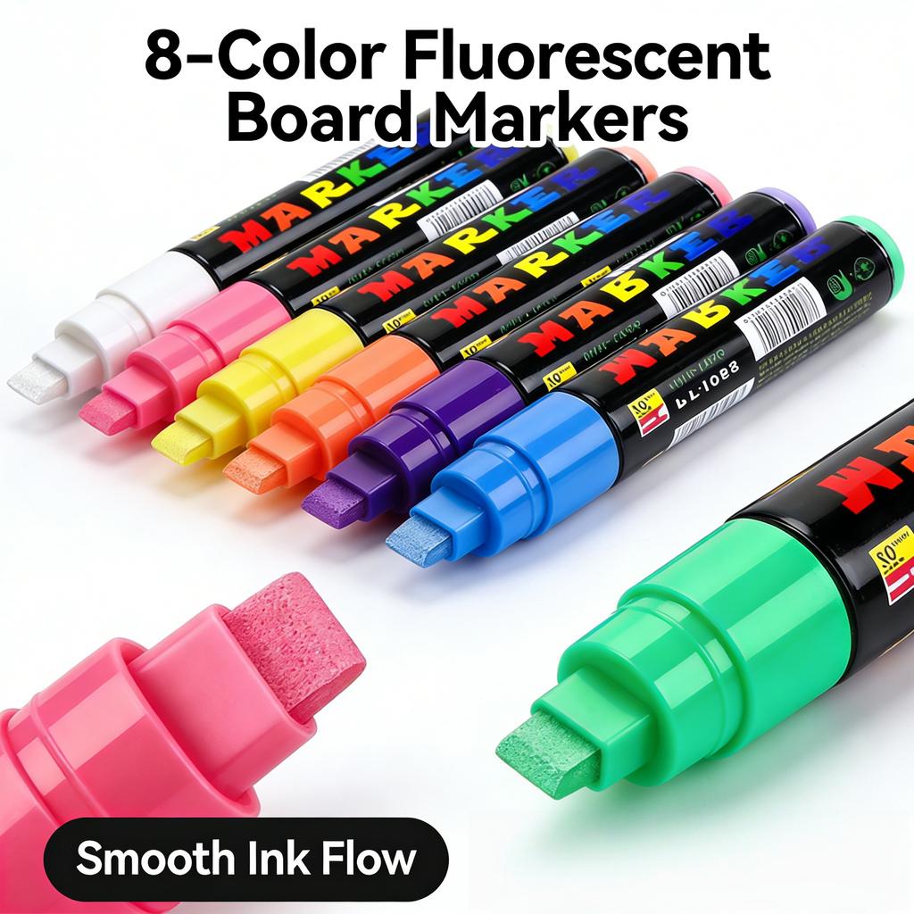 Neon Led Board Marker Set (8 Colors) - 10Mm Broad Chisel Tip Fluorescent Pen For Shop Advertising, Writable On Led Light Panel,