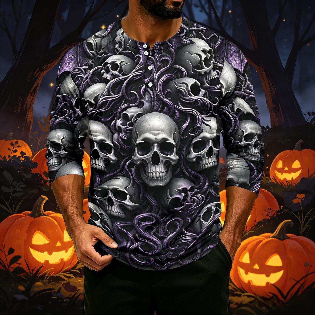 Men's Casual Raglan Three-Quarter Sleeve Shirt Halloween Print