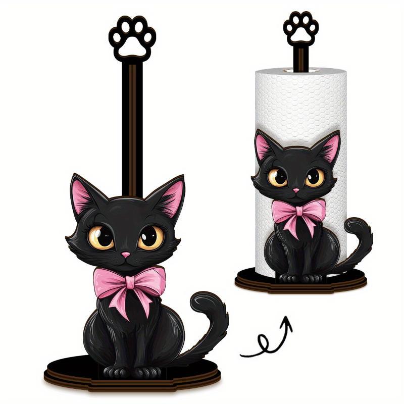 Wooden Base Black Cat Tissue Holder Desktop Decoration Cartoon Roll Paper Standing Rack Cute Food Wrap Storage Rack Bathroom