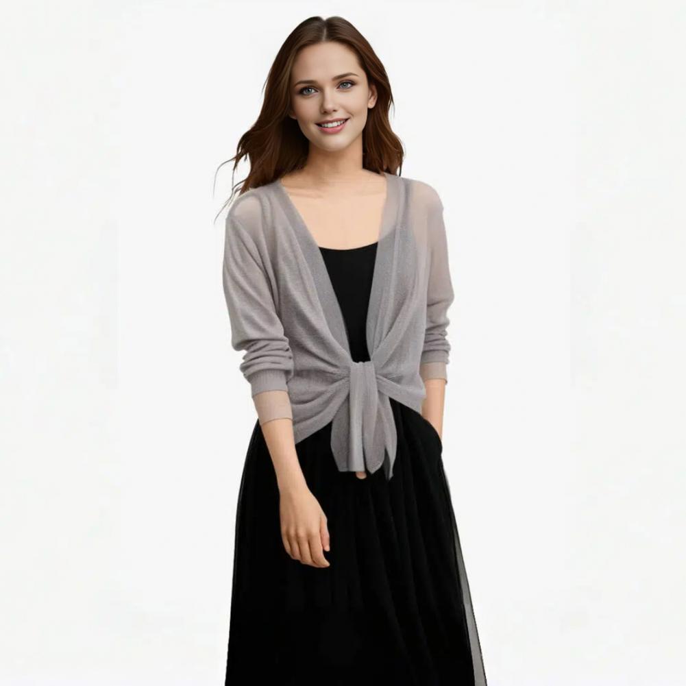 Women Shawl Coat V-neck 3/4 Sleeve Lace-up Thin Coat Solid Color Strappy Design Regular Fit Top Cocktail Party Wear