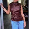 Women Fashion Motorcycle Vest Piled Collar Sleeveless Zipper Decoration Tops Irregular Hem Stretchy Faux Leather Top