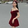 2026 European and American autumn new solid color one-word collar slim waist temperament bow dress women