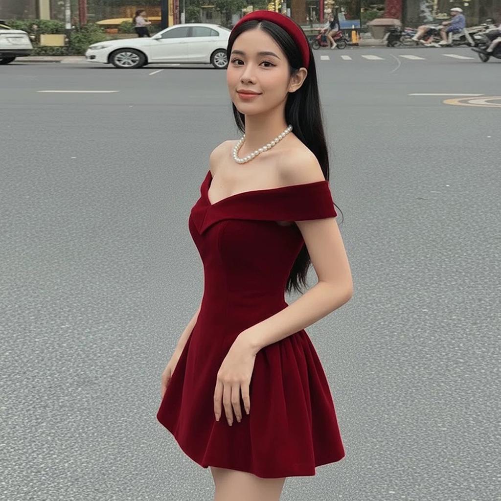 2026 European and American autumn new solid color one-word collar slim waist temperament bow dress women