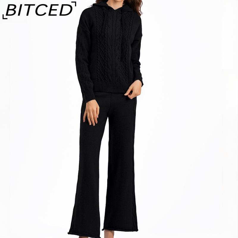 

BITCED Комплект дизайнерского стиля включает свободный свитер с капюшоном на завязках и широкие брюки с драпировкой, модную витую пару из двух предметов One size чёрный