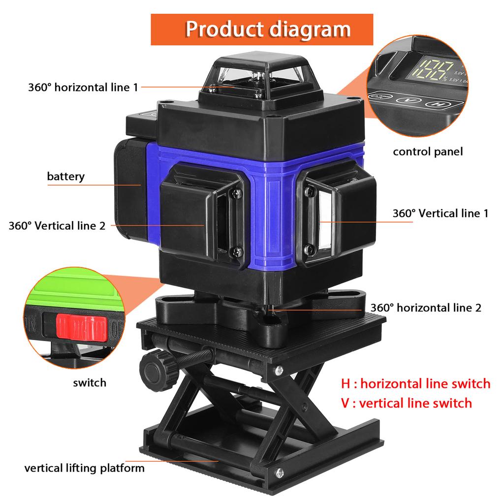 Multifunctional 4D 16 Lines Laser Level 3 degrees  Selfleveling Machine USB Rechargeable Lithium Battery