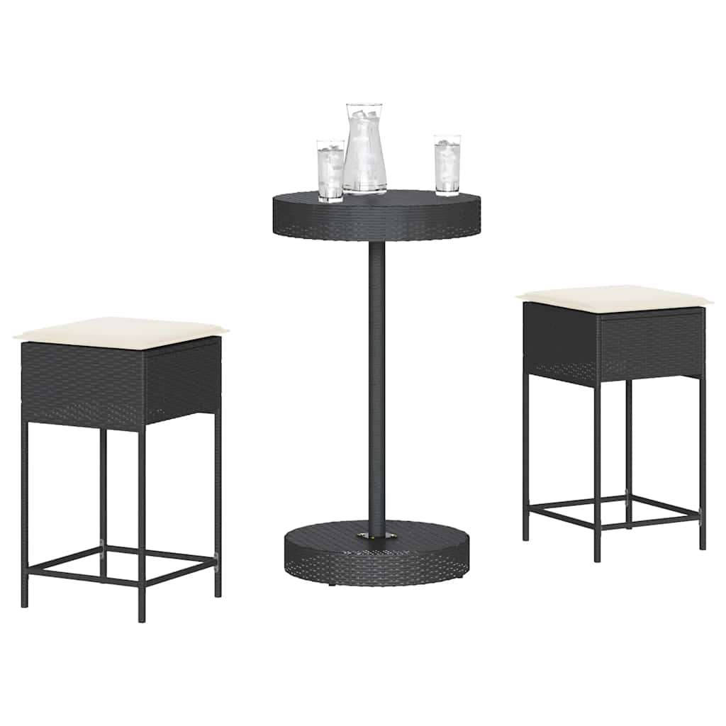 3 Piece Outdoor Bar Set with Cushions Black PE Rattan
