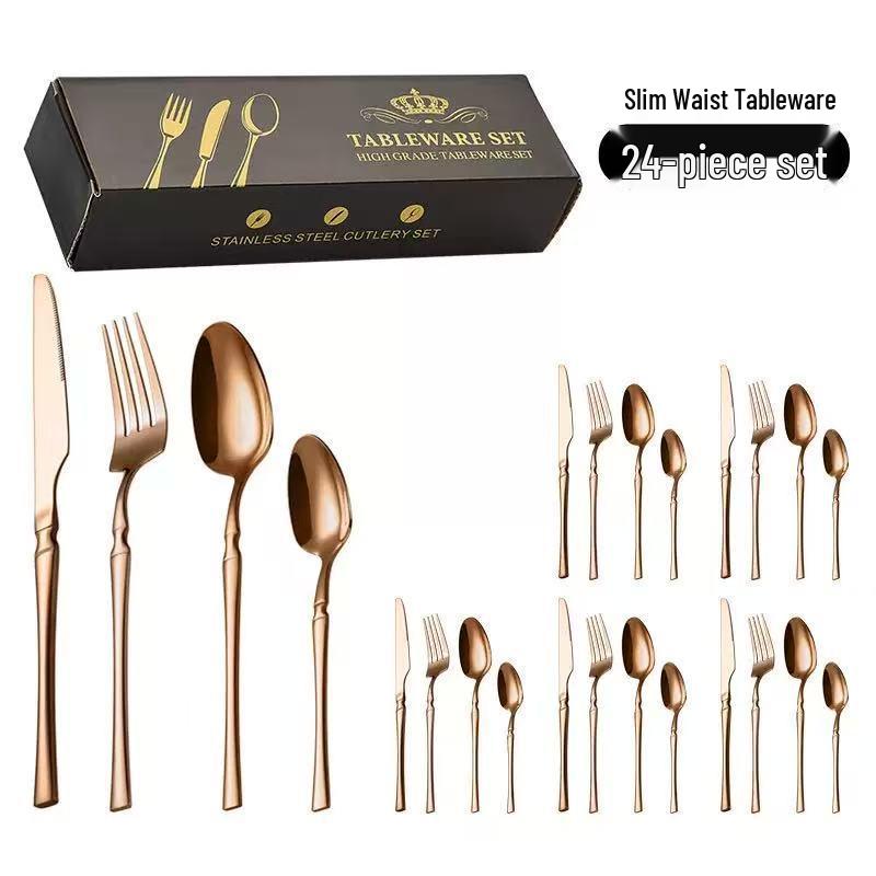 Gold 24-Piece Stainless Steel Cutlery Set: Elegant Steak Knife, Fork, and Spoon for Western Cuisine.