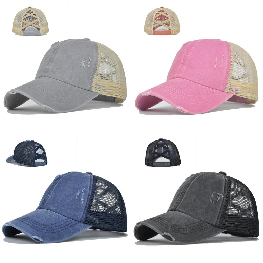 Baseball Cap Womens Cotton Mesh With Crossed Ponytail Openings For Summer Casual Wear