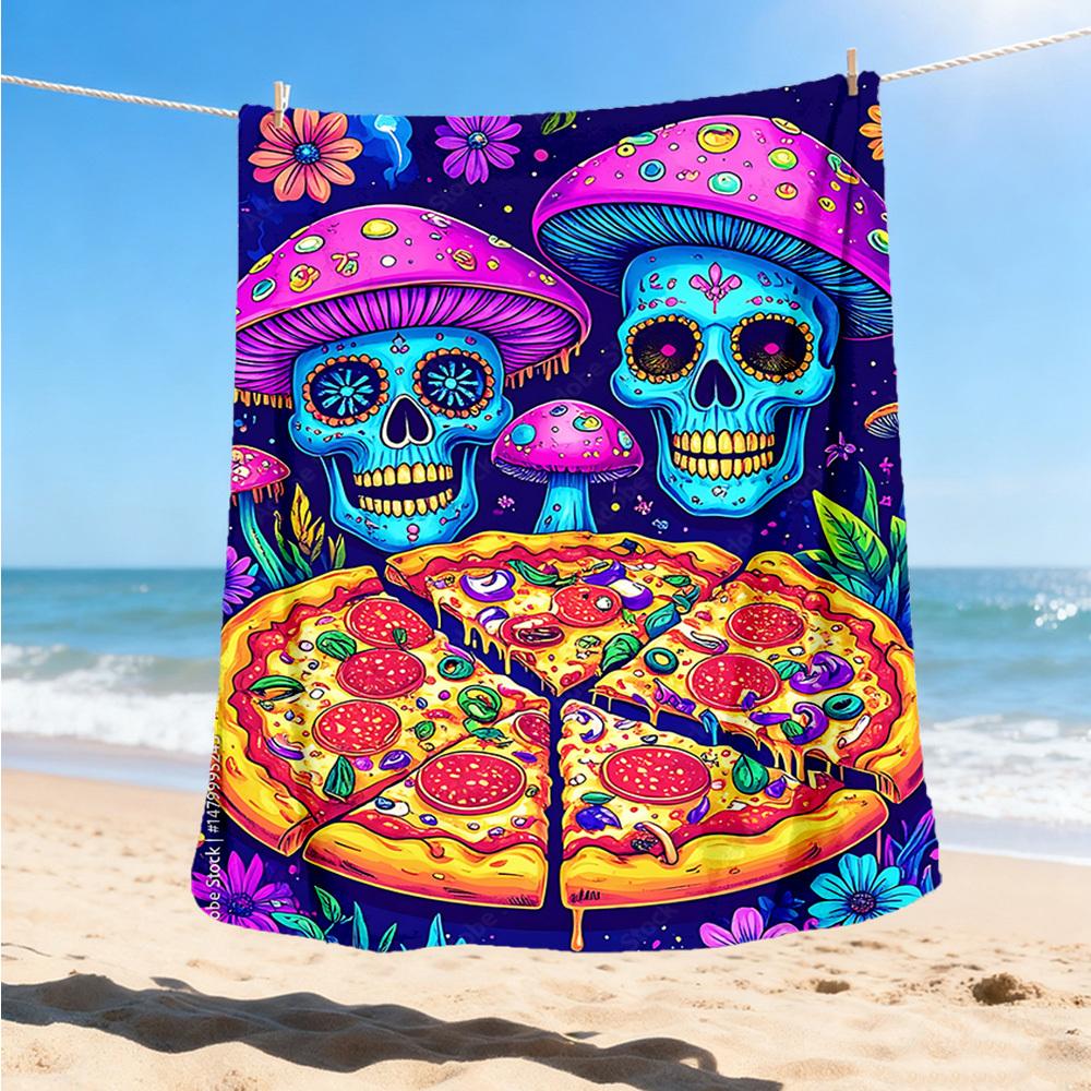 1pc Psychedelic Mushroom Pizza Print Outdoor Blanket, Lightweight Polyester,