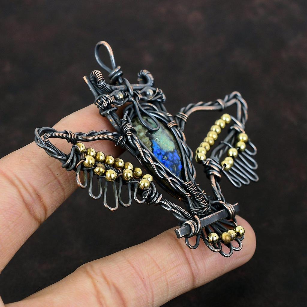 Azurite Malachite Pendant Copper Wire Wrapped Gemstone Jewelry Copper Pendant Handmade Jewelry Owl Pendant Wire Wrap Pendant Gift For Women