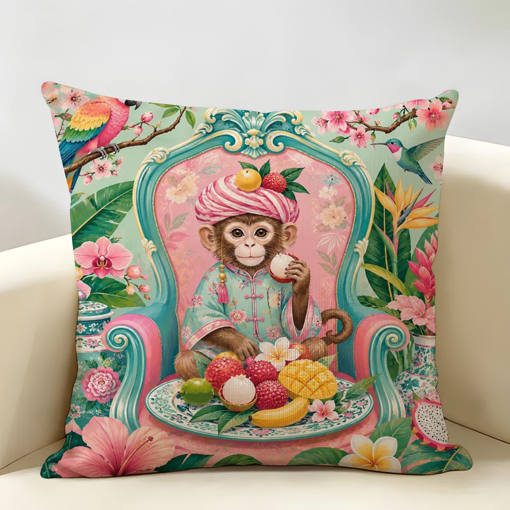 Chinoiserie Monkey Holding Blue Umbrell Cushion Cover Durable Hypoallergenic Organic Linen Pillow Cover Washable SkinFriendly