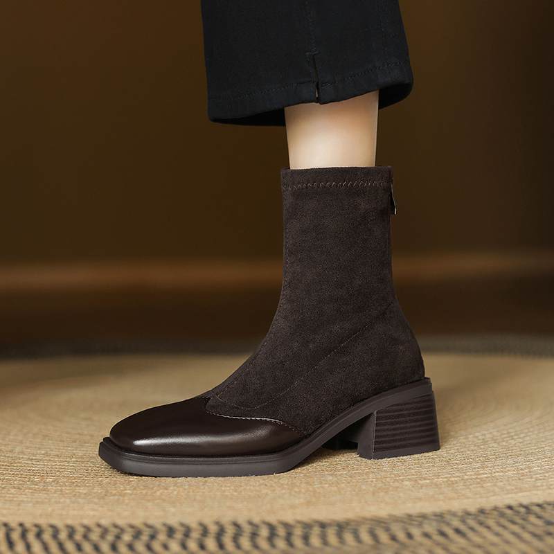 Krazing Pot Microfiber Flock Winter Square Toe Modern Size 33 Boots Size 43 Zipper KPOP Style Fashion Stretch Ankle Boots