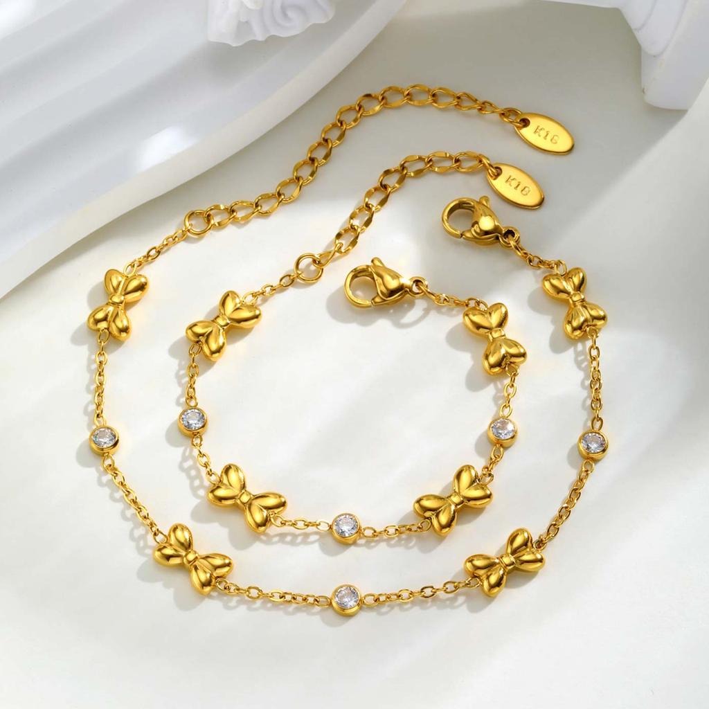 Vnox Stainless Steel Bowknot Chain Bracelet For Women With Small Zircons Trendy Family Jewelry Gift To Mom Daughter
