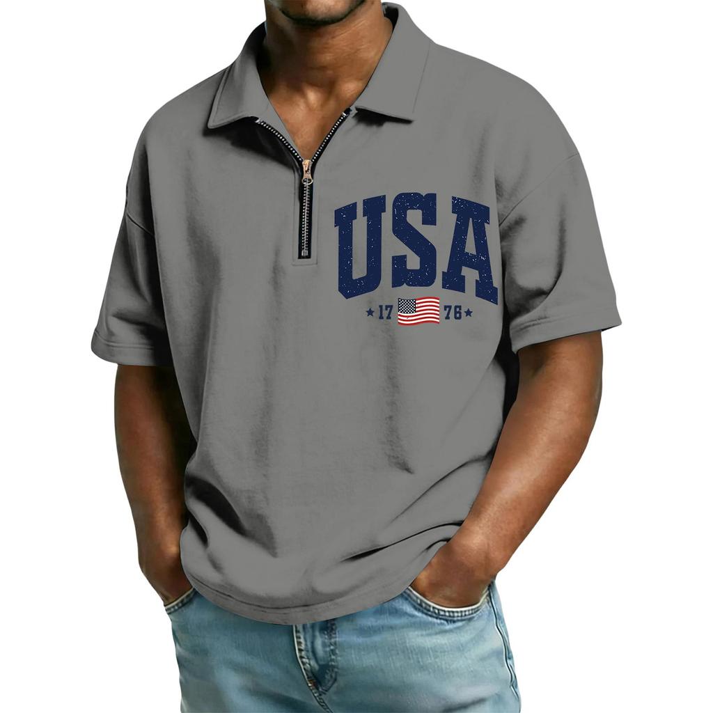 Men’s Short Sleeve Polo Shirt with Half Zip Collar USA Letter Print and Flag Embroidery Casual Fit Top