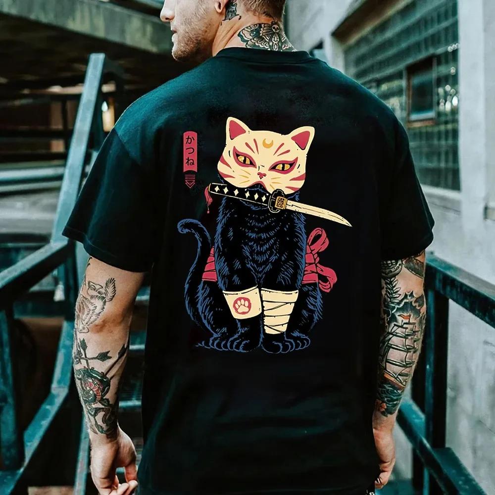 Summer 100% cotton cartoon anime Day clothing Samurai Cat Print T-shirt Men's Hip Hop retro casual o collar loose T-shirt