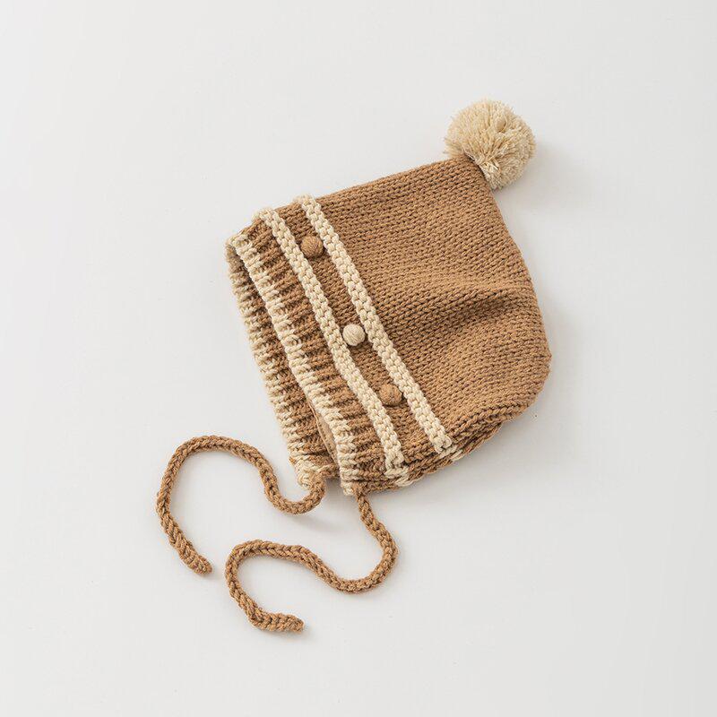 Koreanischer Winter-Streifen-Kinderhut mit Ohrenschutz & Bommel – Gestrickte Woll-Baby-Pullovermütze für Mädchen