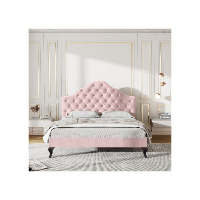 Gepolstertes Bett - MUVOE - 140x200 cm - Verstellbares Kopfteil - Rosa Samt - 2-Sitzer