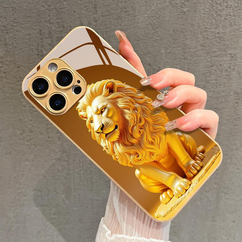 Fashion Golden Lion Design Glass Phone Case For iPhone17 16 Pro Max/16/15 Pro/14 Plus/13 Pro Max/12/11 Pro, Elegant Case