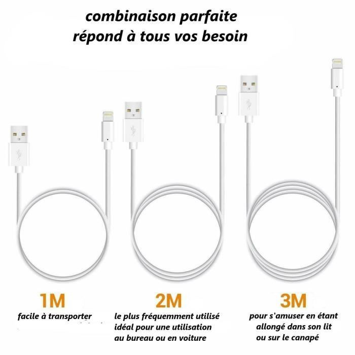 Câble de charge USB - STRAßE TECH - 1 m - Blanc - Compatible iPhone/iPad/iPod - Charge rapide