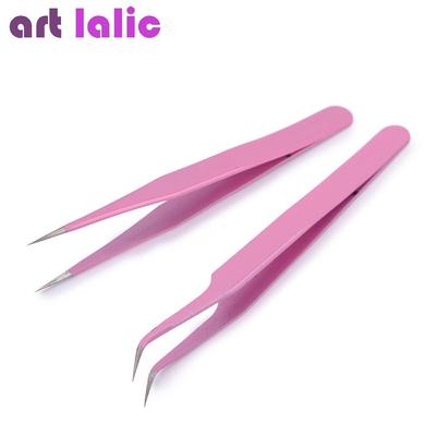Stainless Steel Straight Curved Pink Nail Art Tweezers Rhinestones Picker Manicure Tool