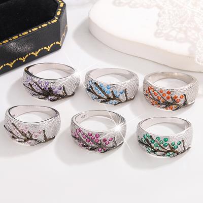 Luxury 925 Silver Color Plum Blossom Branch Stones Cubic Zirconia Women Rings Fashion Jewelry Wedding Rings for Women Jewelry